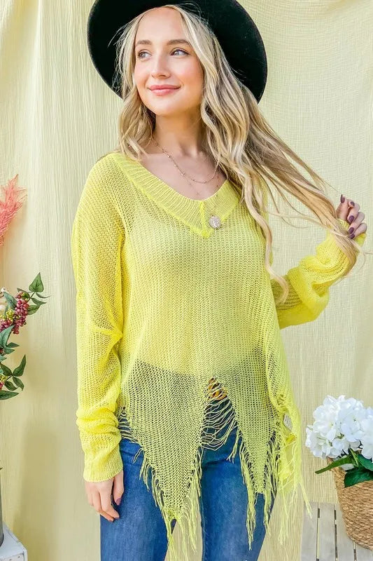 Distressed Mesh V Neck Sweater Cover Up in Yellow back view