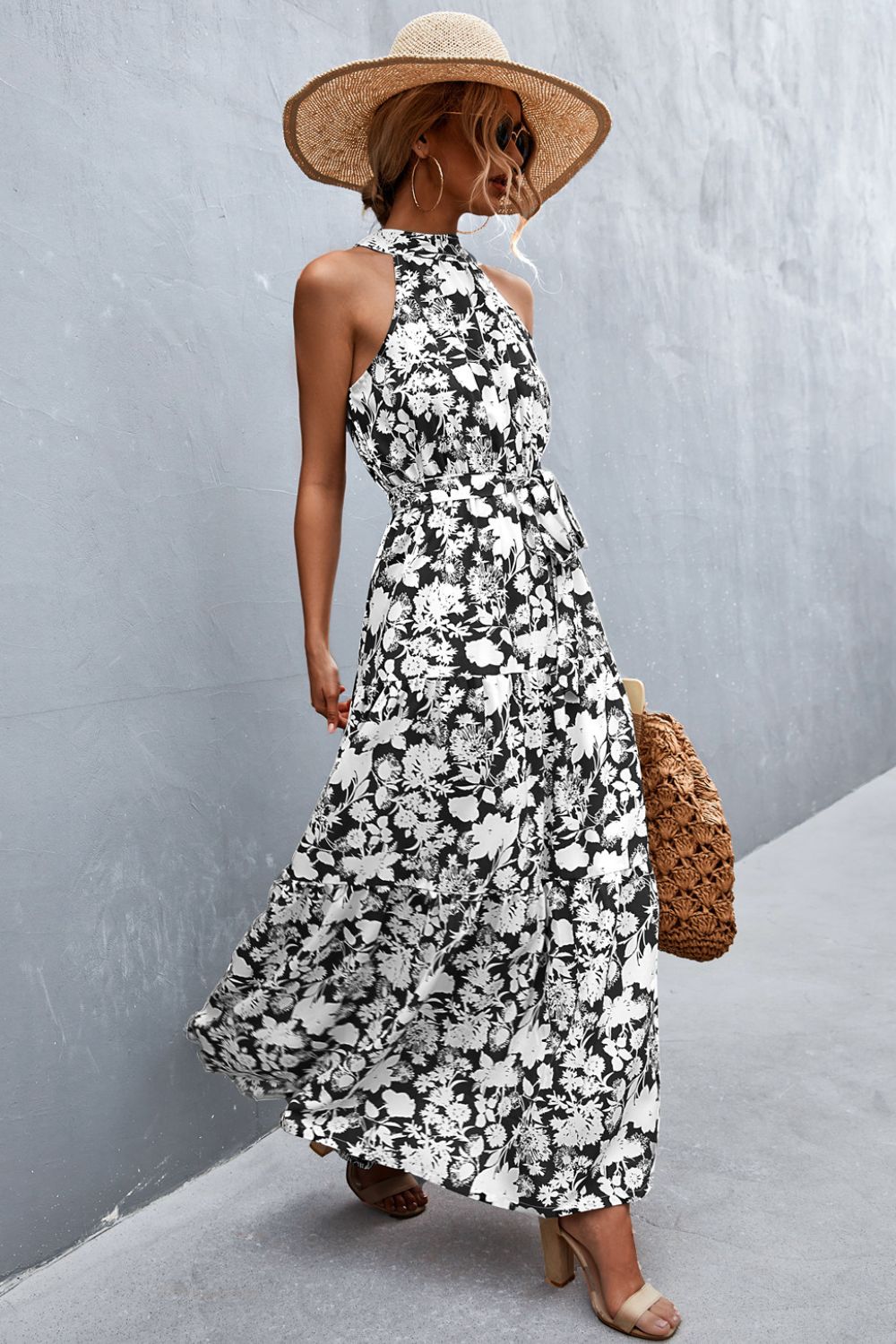 Printed sleeveless tie waist maxi dress view 14