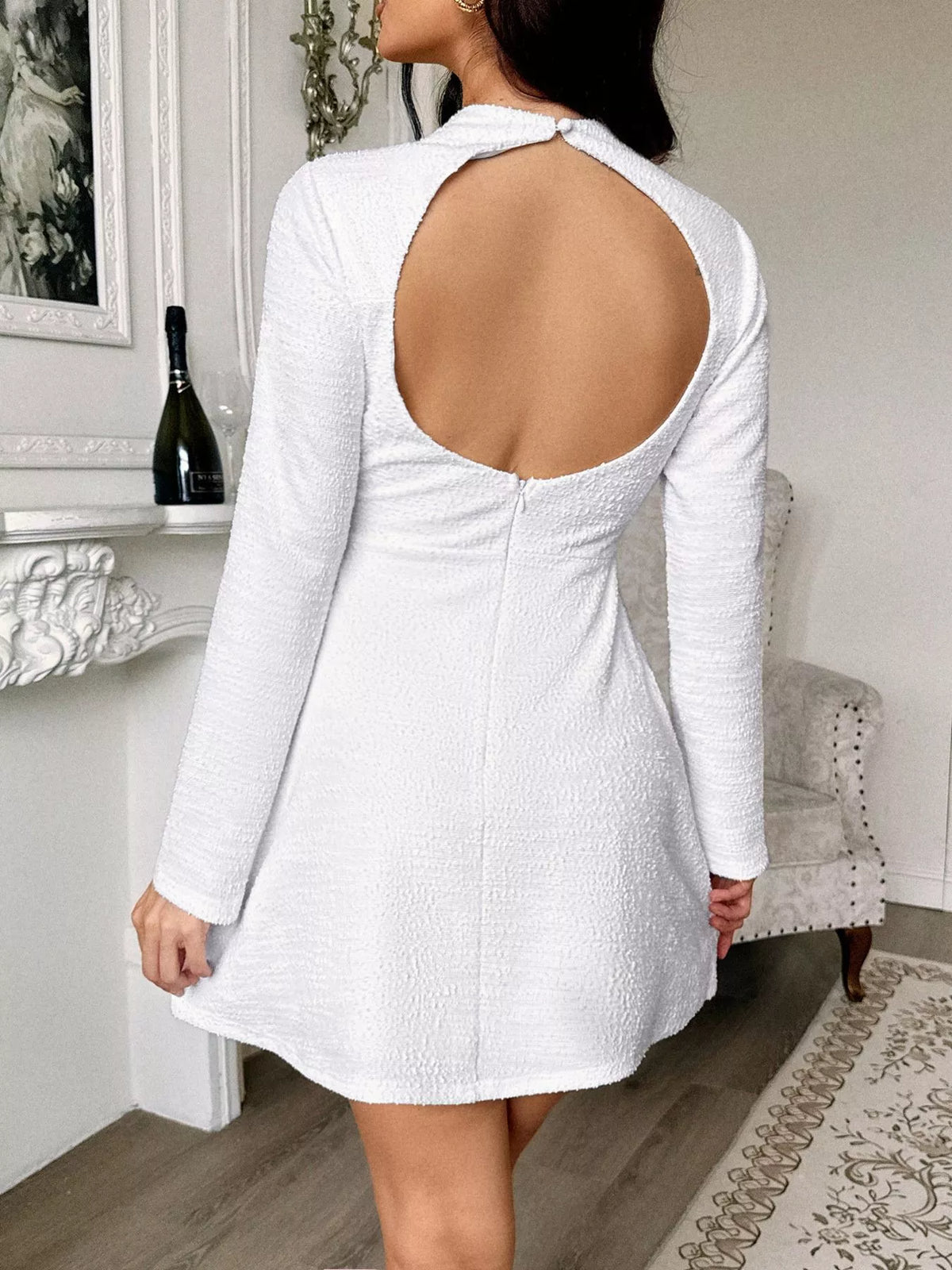 cutout back long sleeve mini dress back view