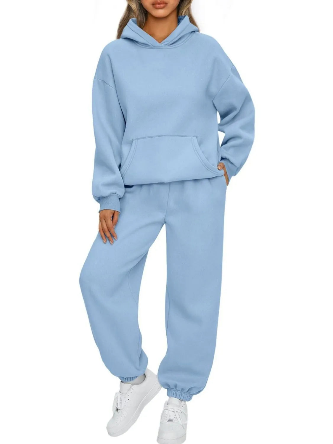 Full Size Kangaroo Pocket Hoodie and Joggers Set Plus Size Light Blue - Fashorio