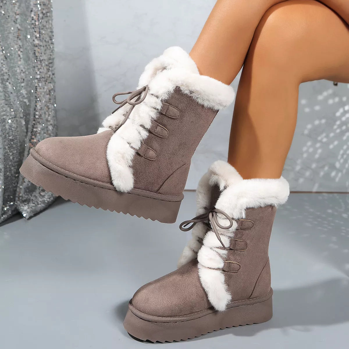 Fuzzy Trim Lace Up Platform Boots three quarter view