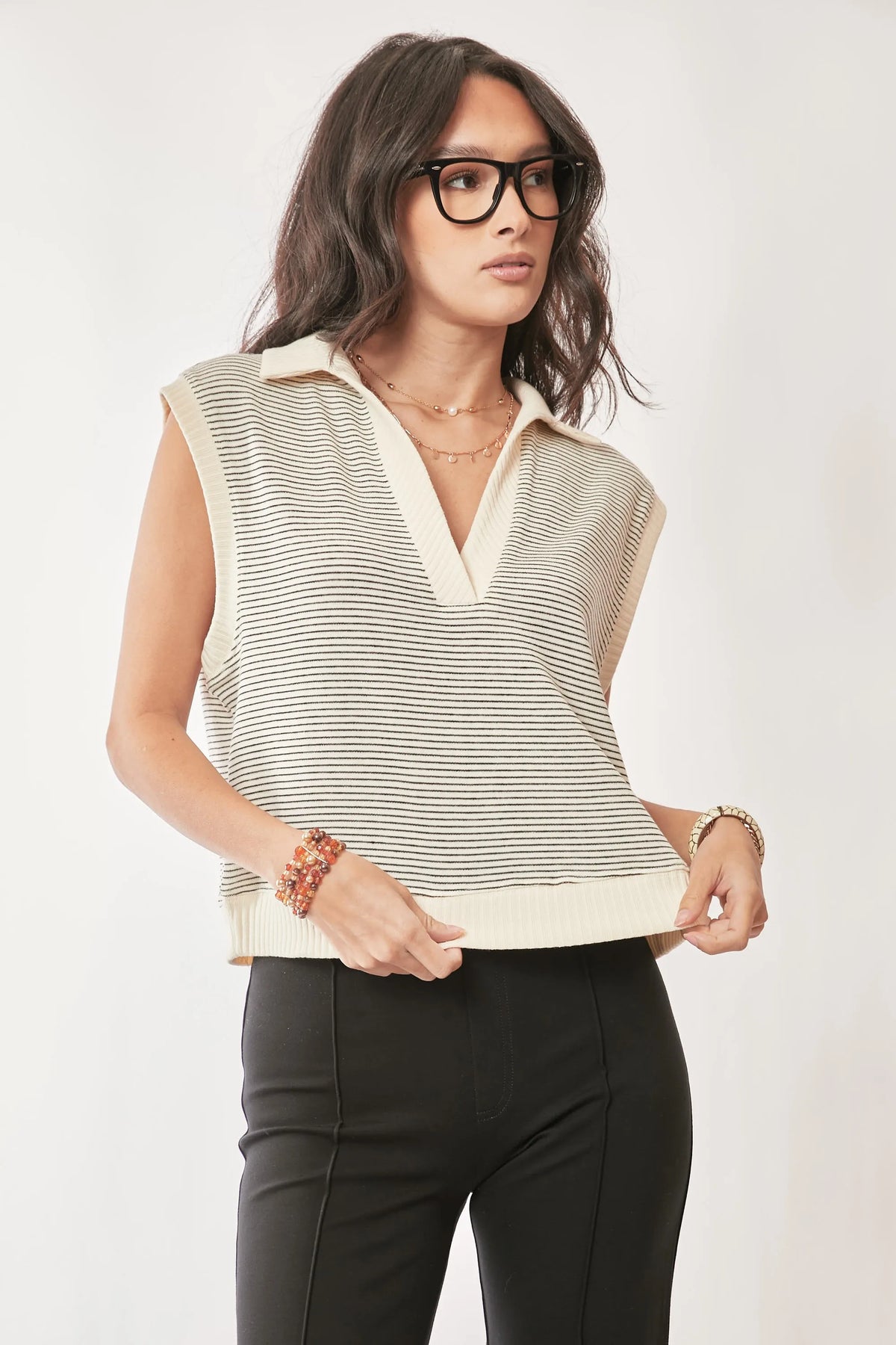 French Terry Striped Boxy Sweater Vest in Cream and Black detail