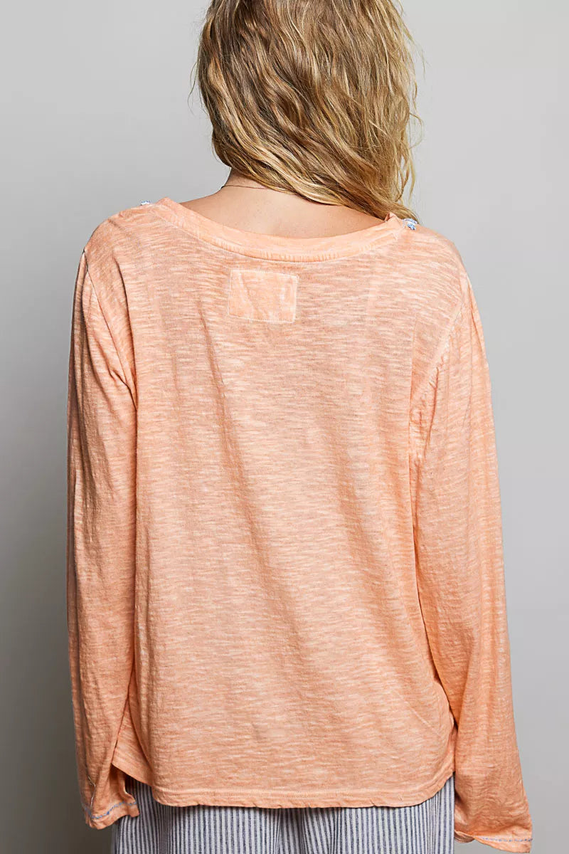 Coral peach contrast stitch v neck long sleeve knit top back view