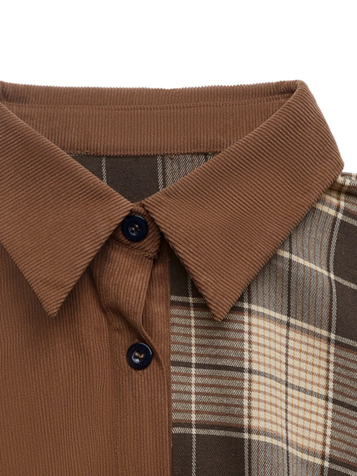 Plaid Button Front Long Sleeve Dress in Brown close up