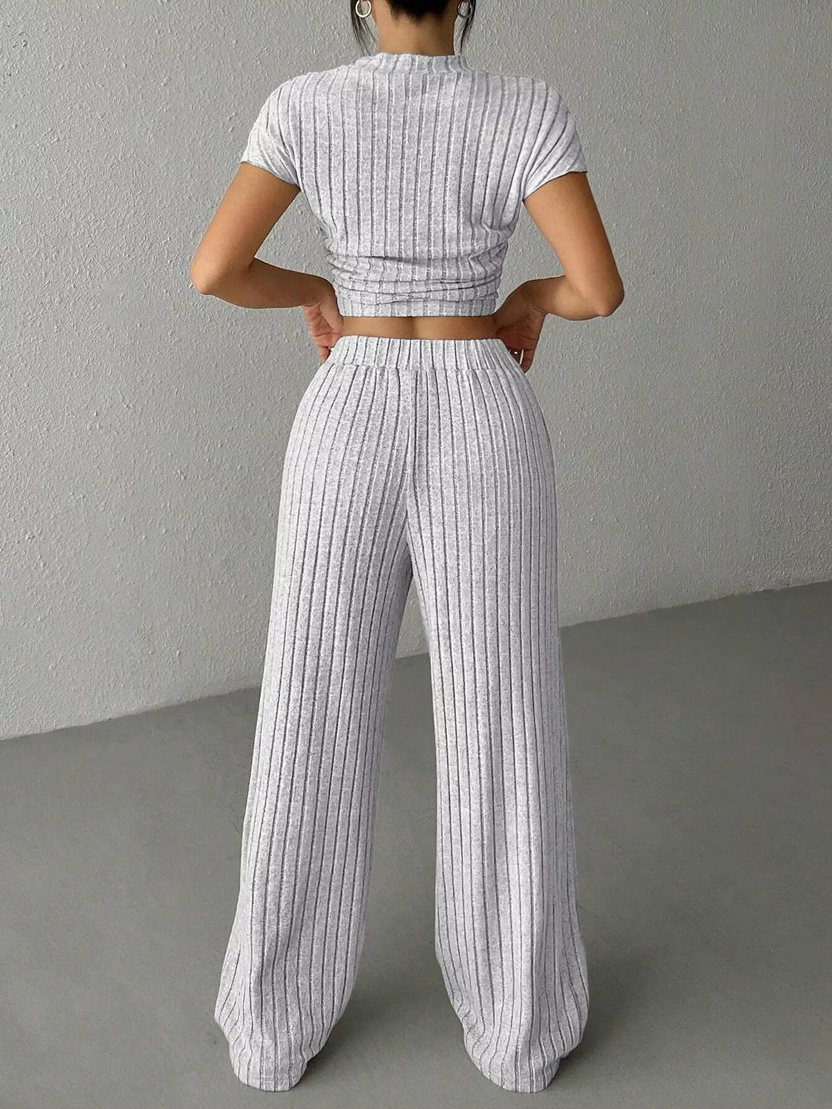 Gray two piece ribbed set full length styling