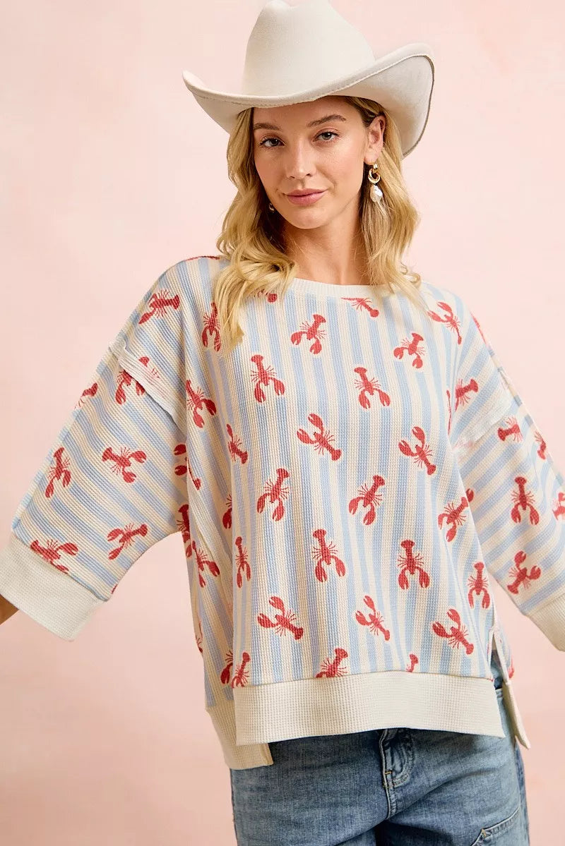 Light blue and red BiBi lobster stripe waffle knit top close up detail