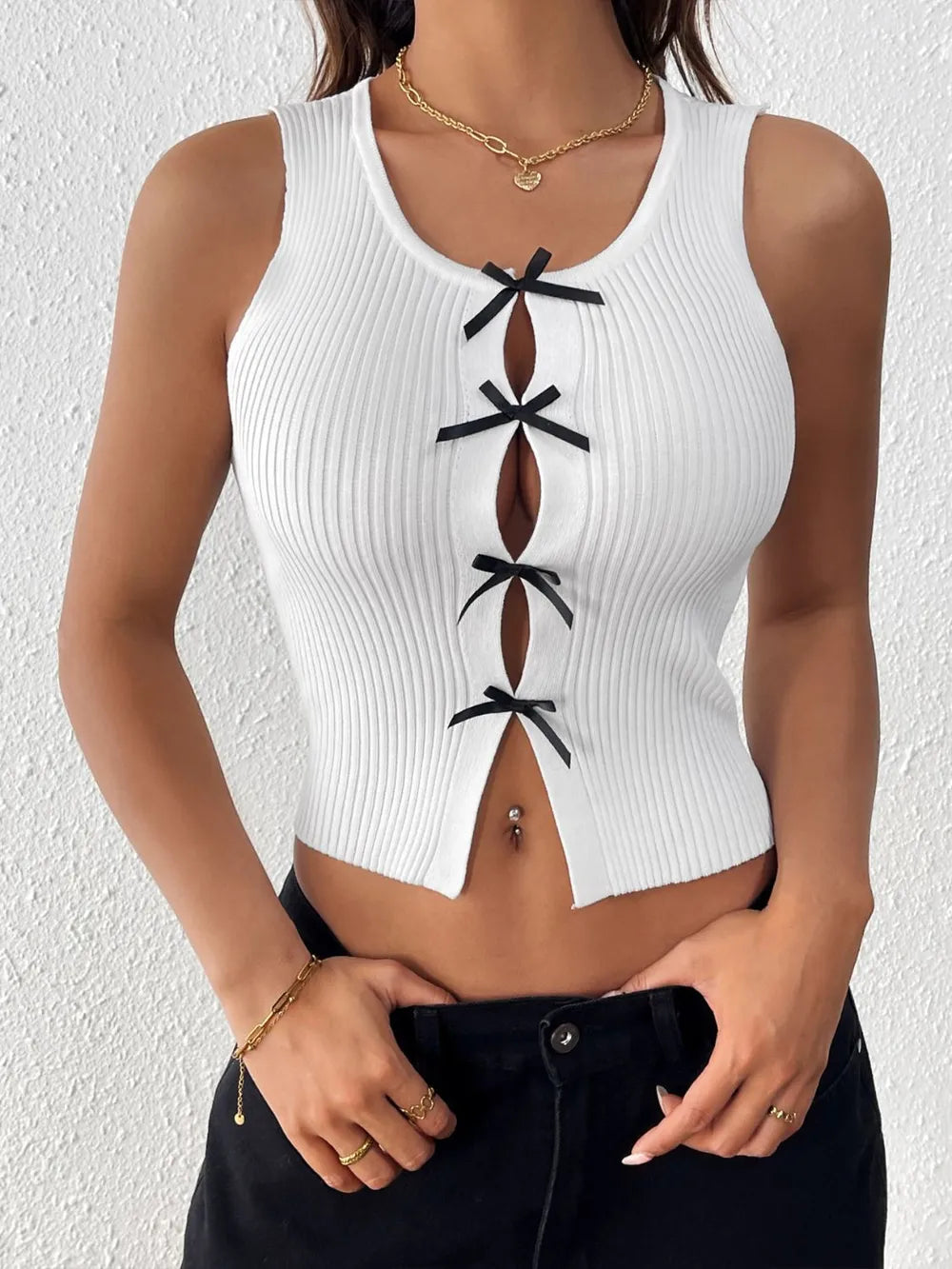 Round neck bow tank top side view