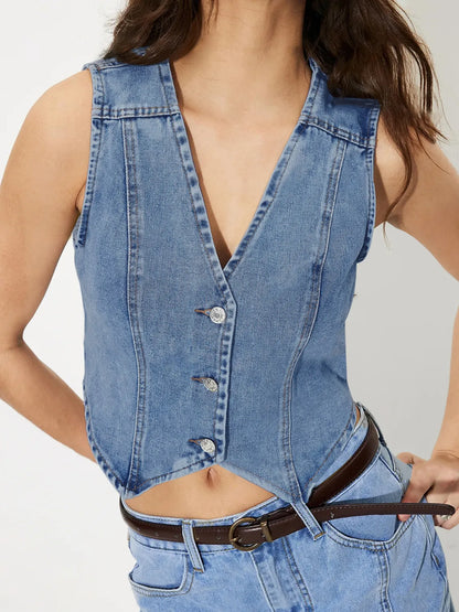 Button-Up Sleeveless Denim Vest - Fashorio
