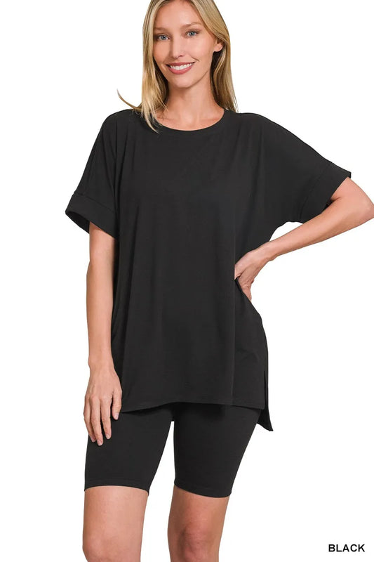 Zenana Brushed Dty Microfiber Round Neck Top and Biker Shorts Set BLACK - Fashorio