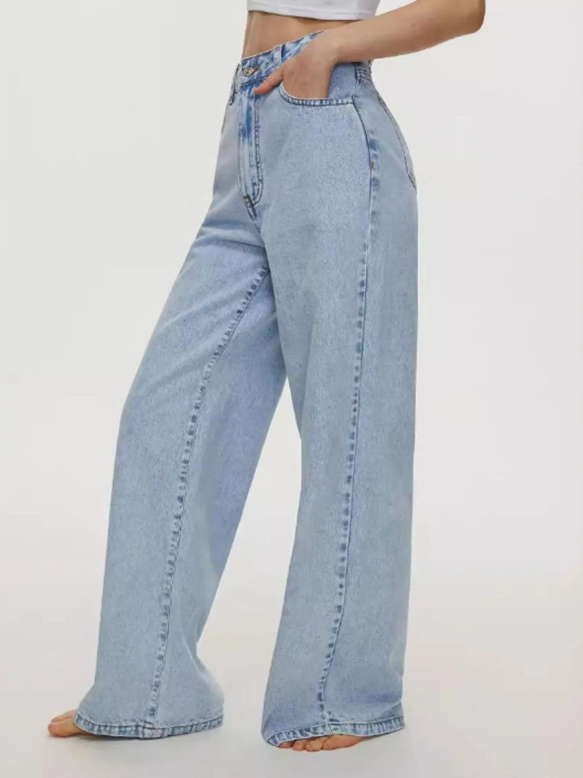 Side view of blue wide leg jeans
