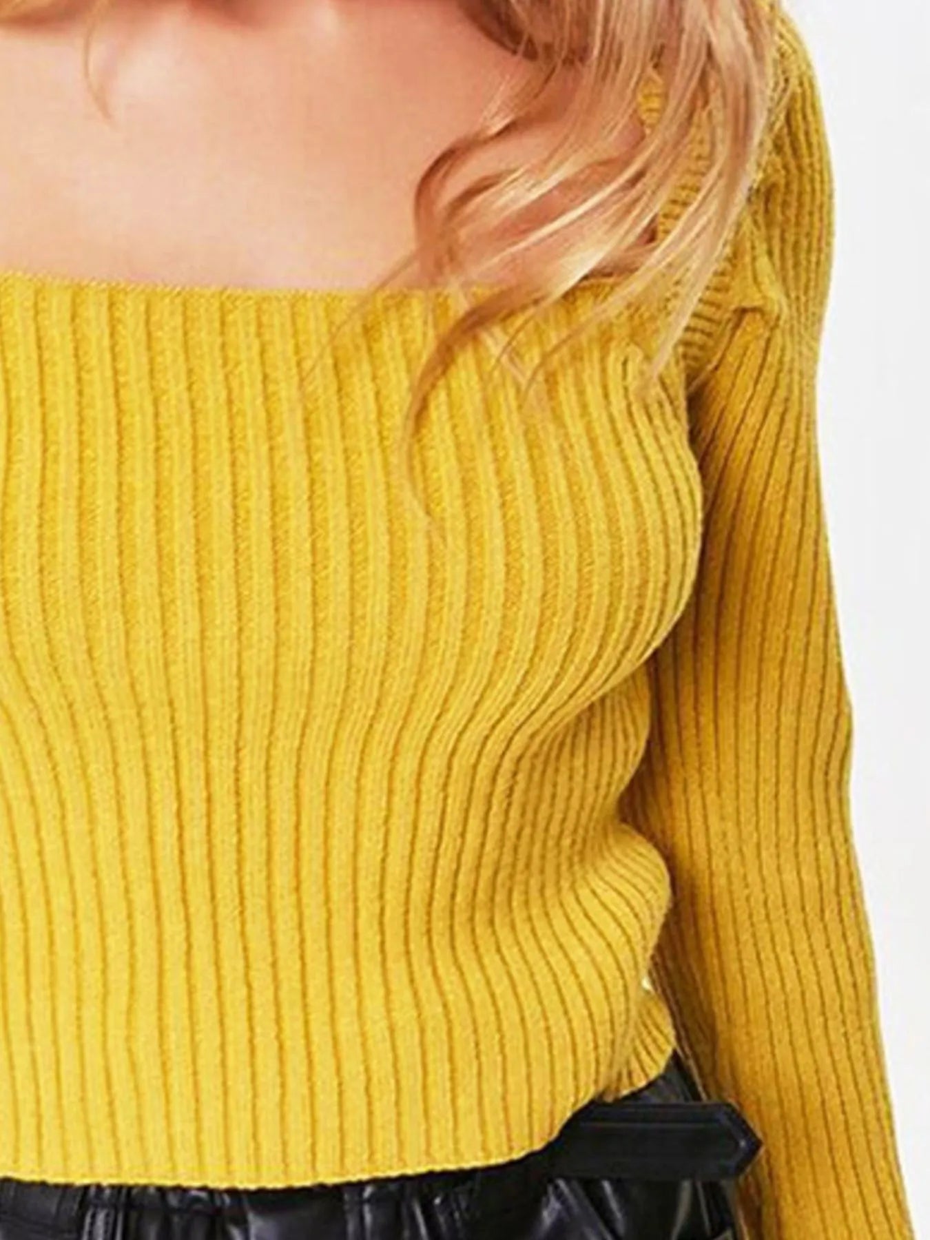 Ribbed Square Neck Long Sleeve Sweater - Fashorio