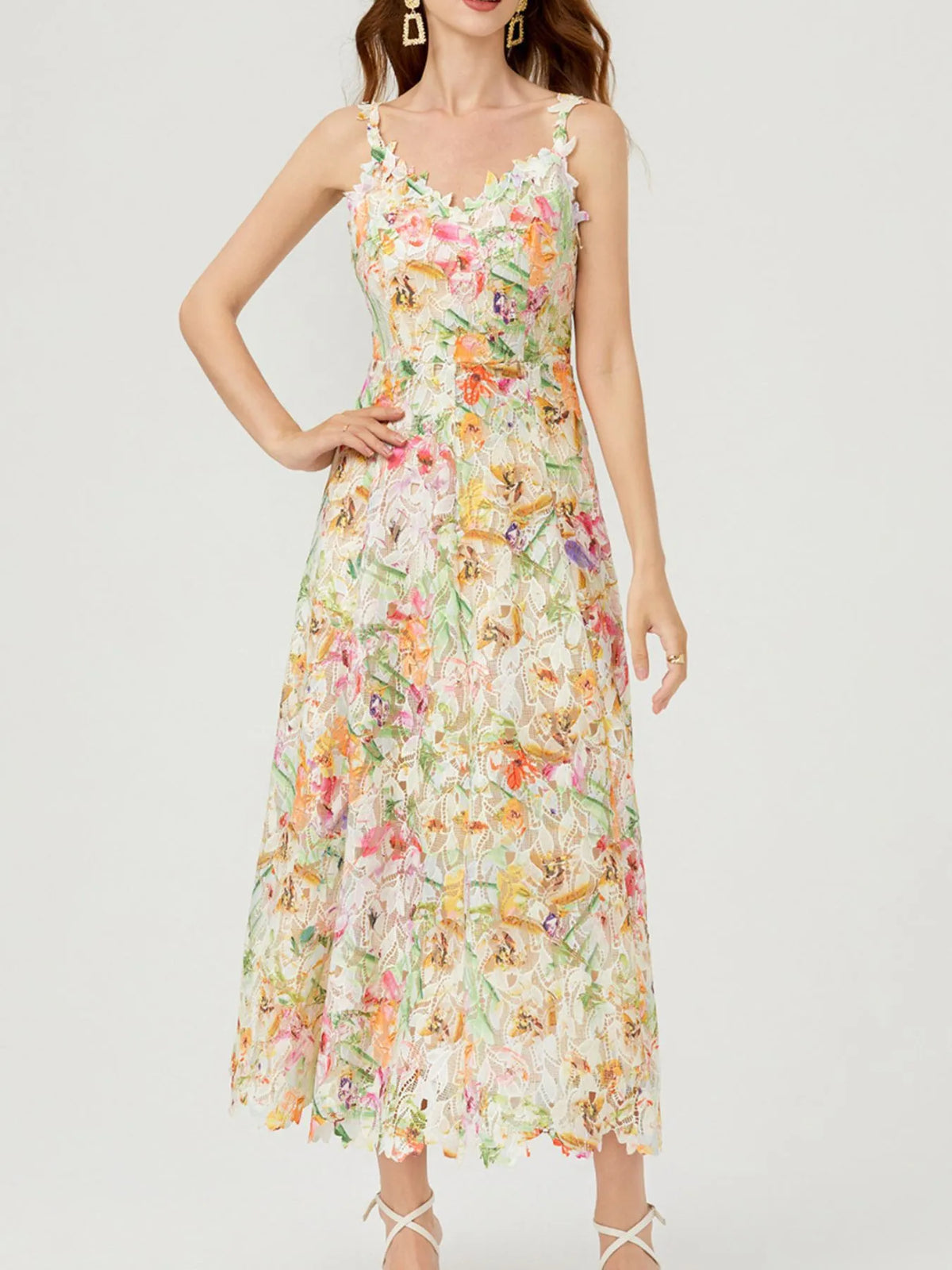 Floral Lace Sleeveless V Neck Midi Dress back view
