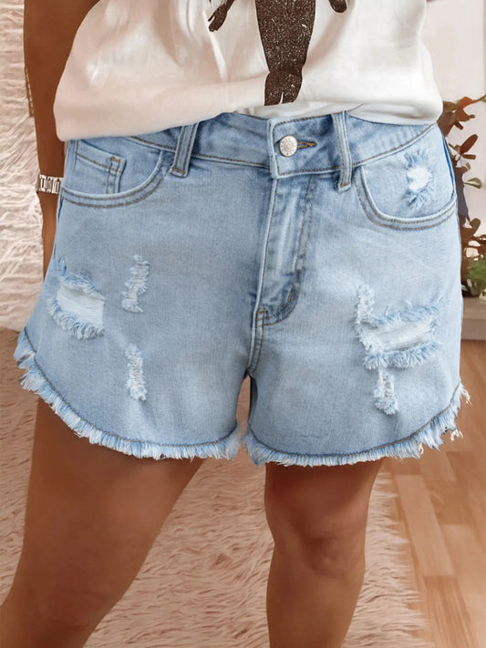 High Rise Distressed Raw Hem Denim Shorts Beau Blue - Fashorio