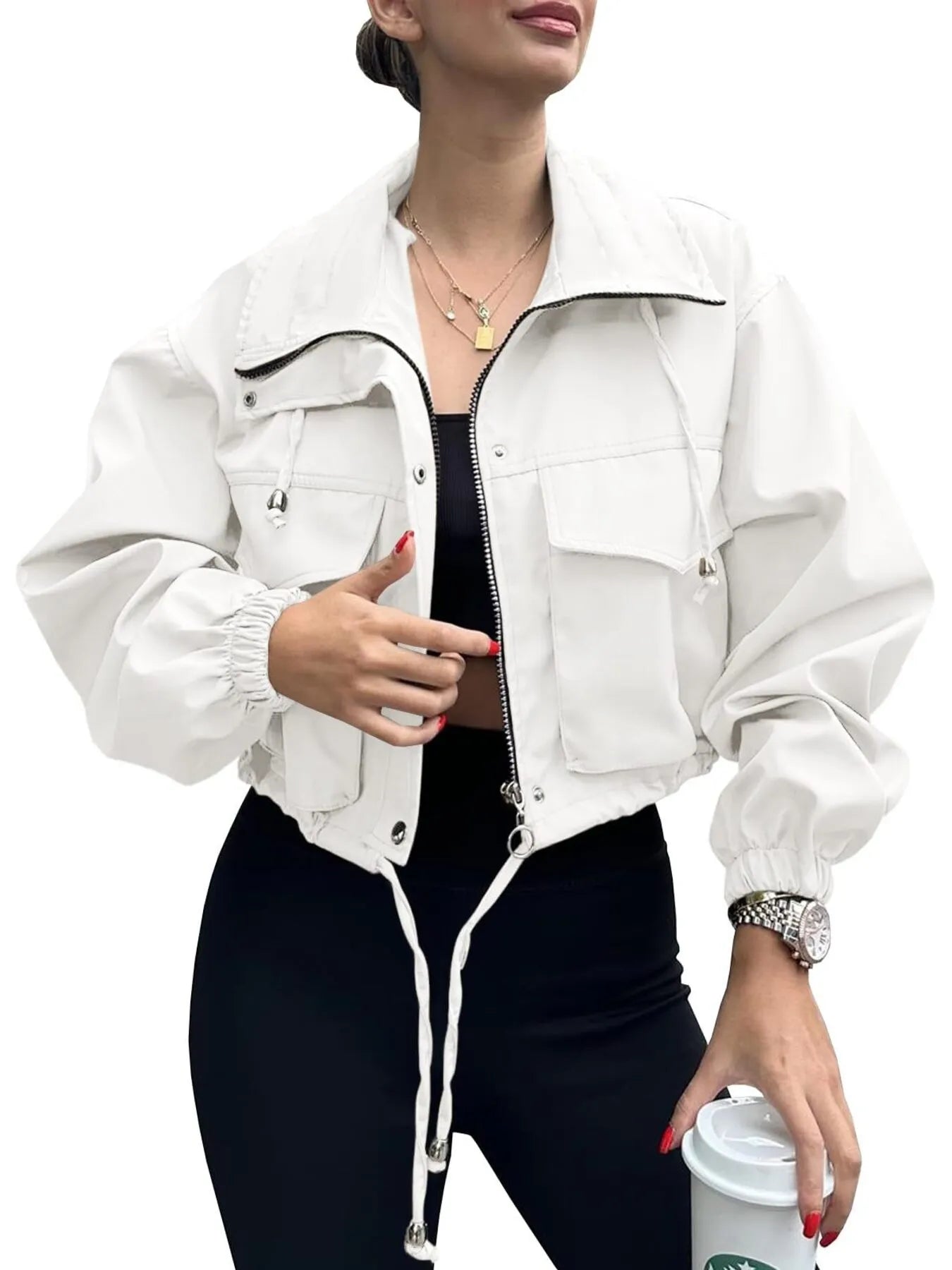 Drawstring Hem Zip Up Jacket - Fashorio