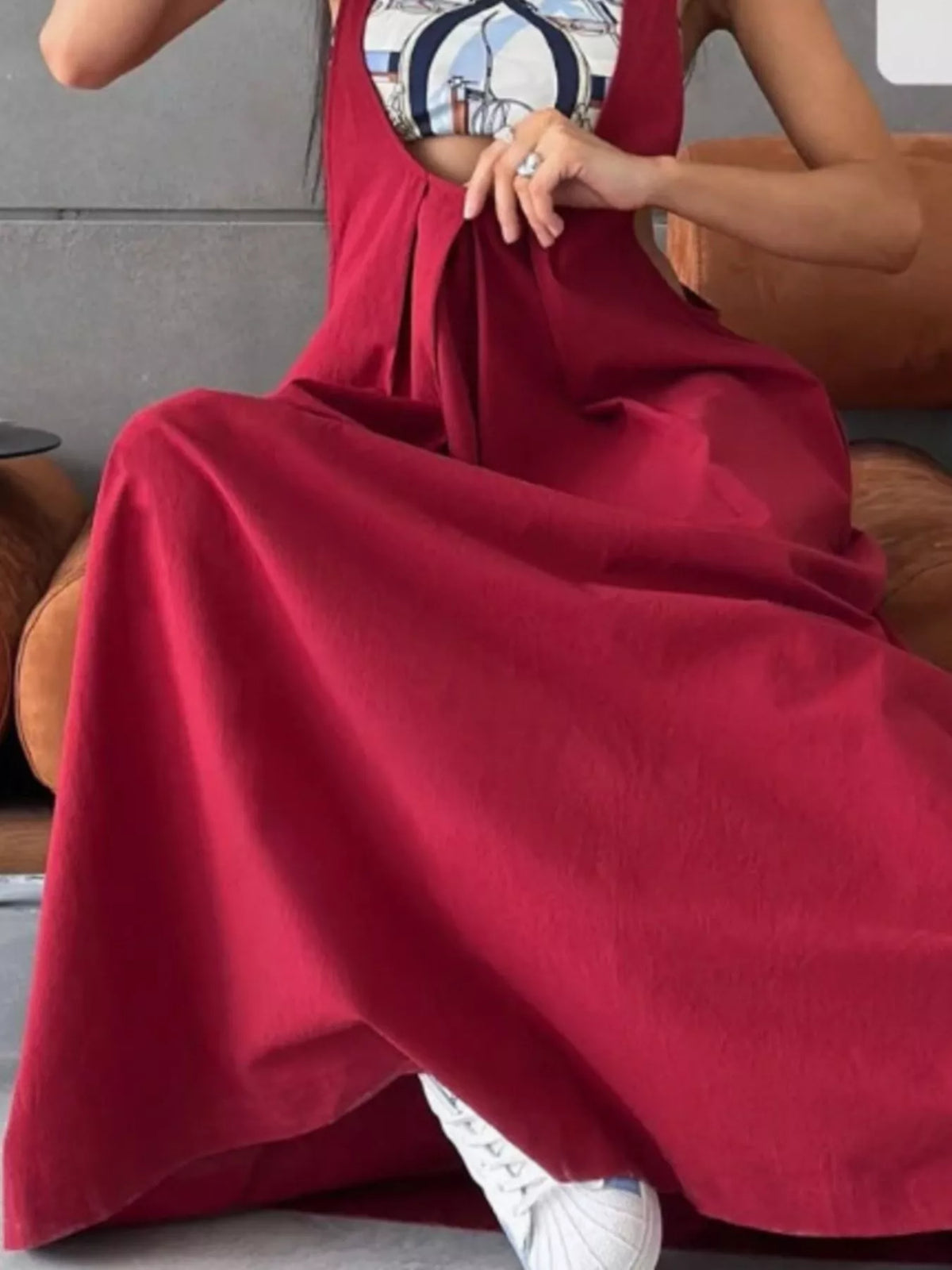 Wine red pleated overall dress front view