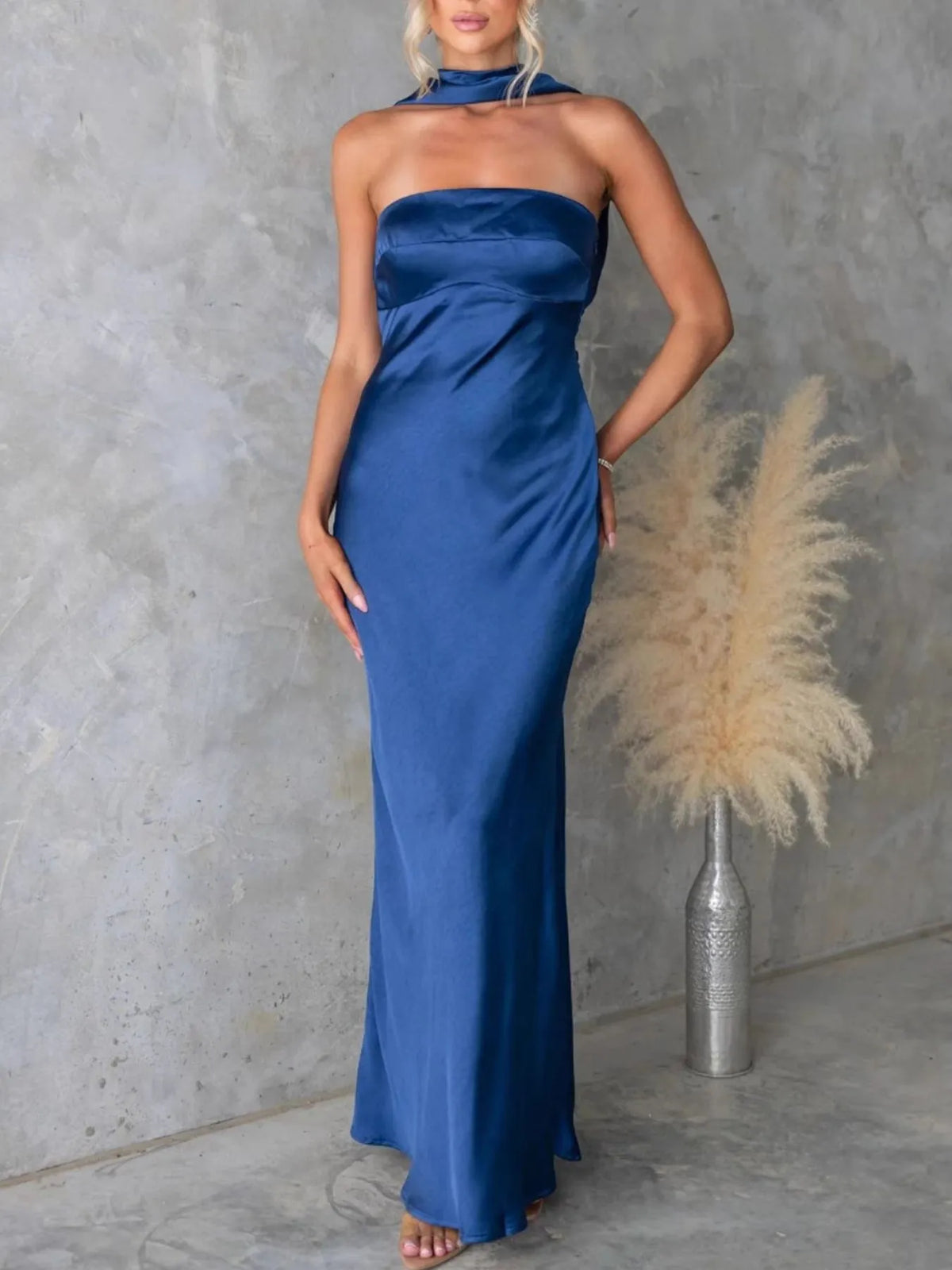 Satin tube maxi dress front view