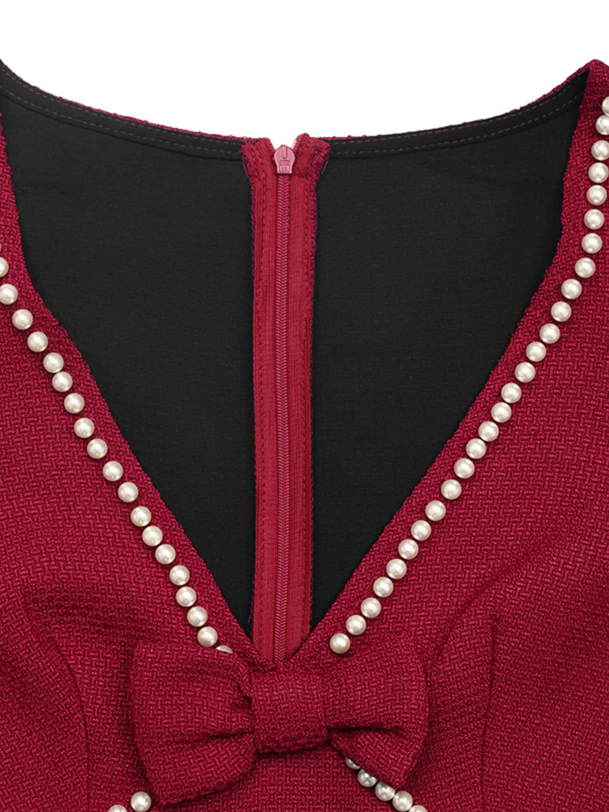 Red pearl trim V neck long sleeve bodycon dress close up