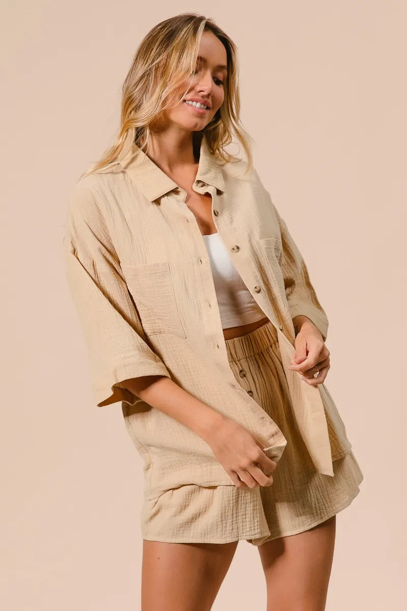 BiBi Crinkle Gauze Shirt and Short Set - Fashorio