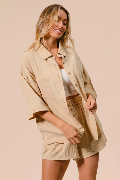 BiBi Crinkle Gauze Shirt and Short Set - Fashorio