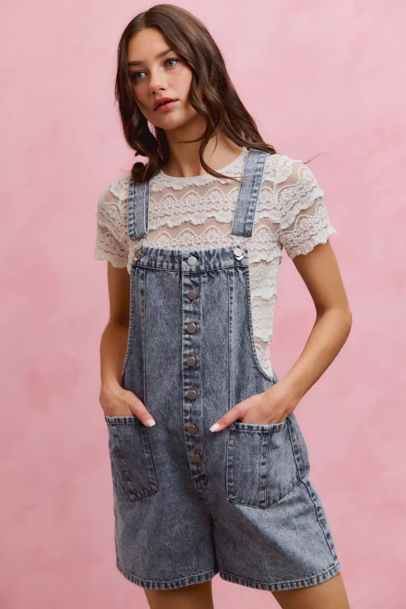 Denim short romper styled with a tee