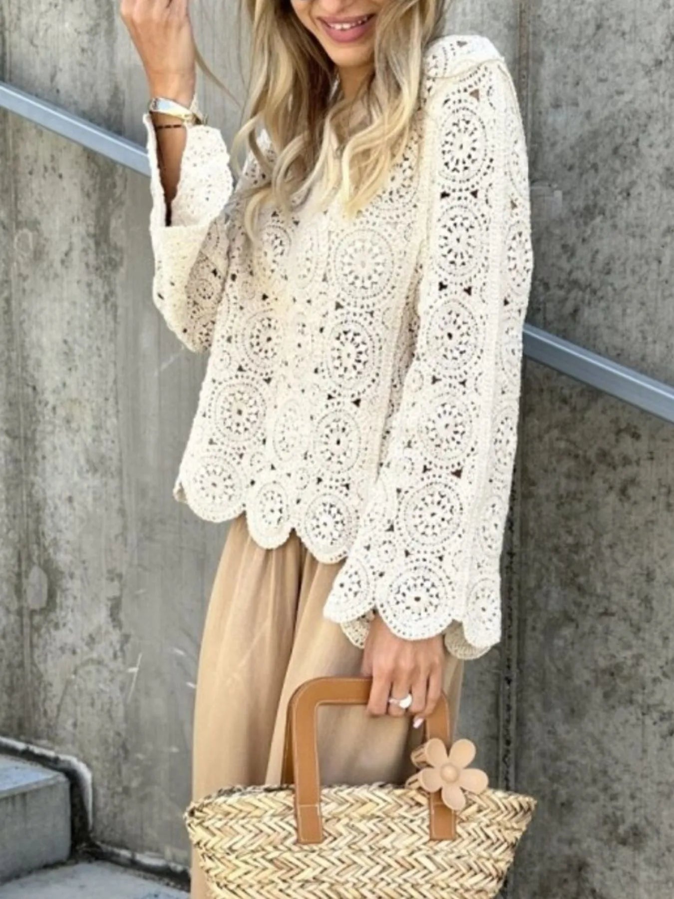 Crochet Lace V-Neck Bell Sleeve Knit Top - Fashorio