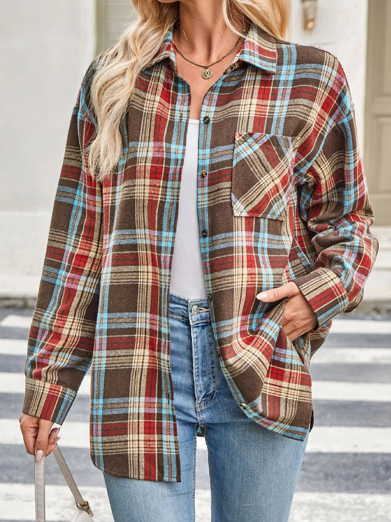 Front view of the oversized plaid button up shirt