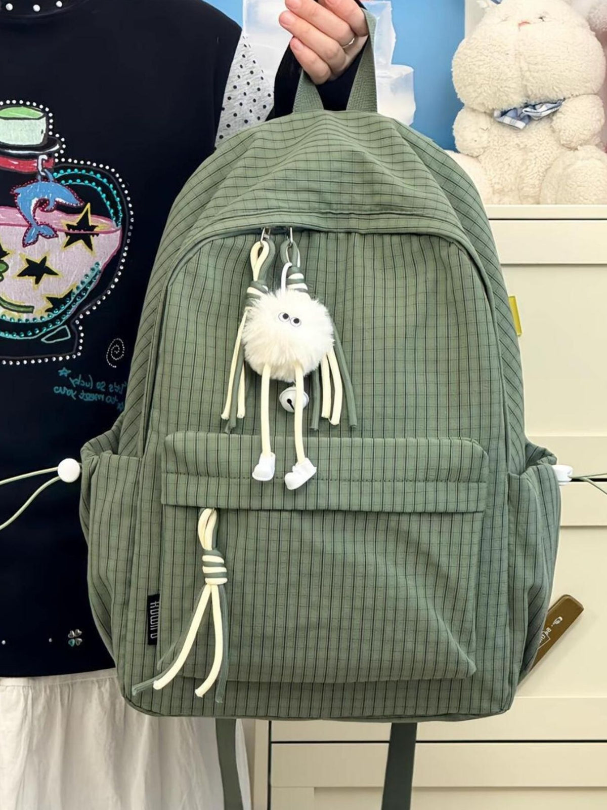 Plaid nylon backpack back view