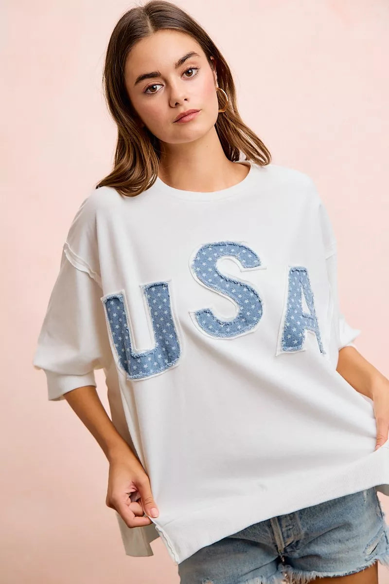 Ivory BiBi USA letter patchwork French terry top back view