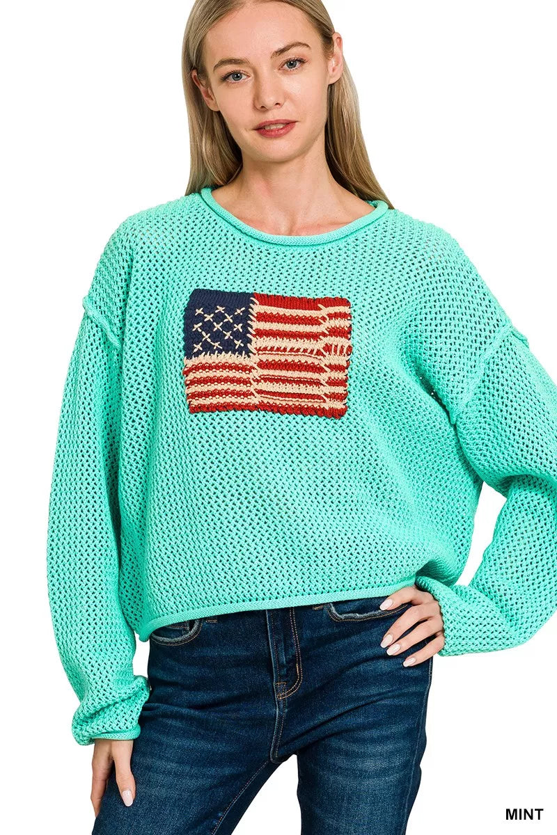 American Flag Crew Neck Sweater in Mint