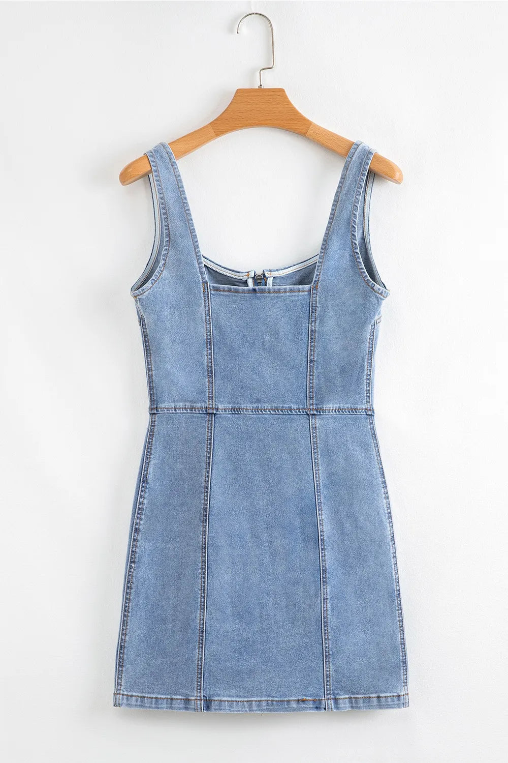 Square Neck Wide Strap Denim Dress - Fashorio