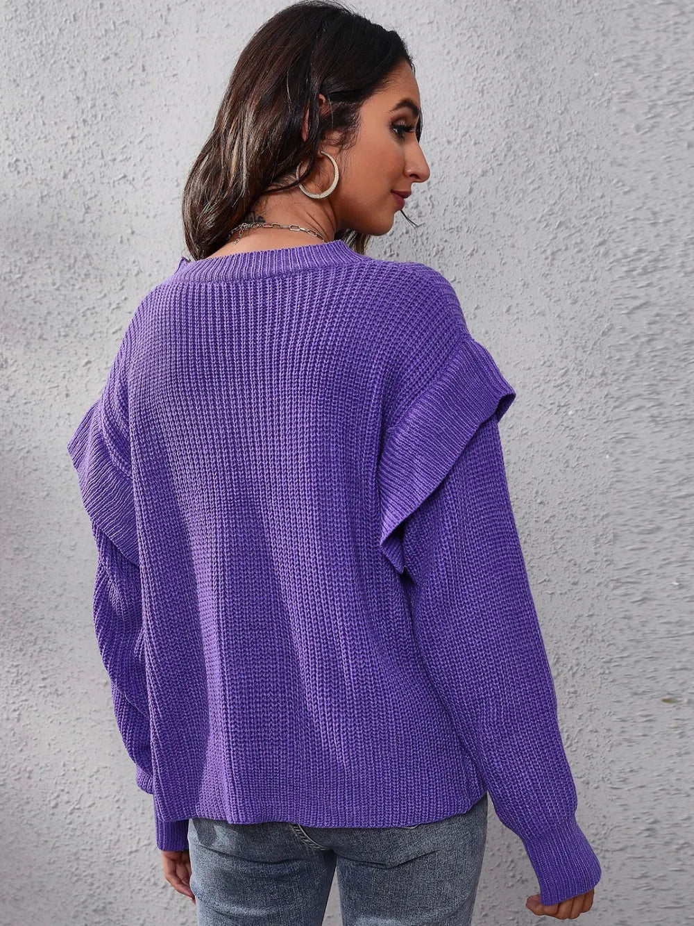 Ruffled Round Neck Dropped Shoulder Sweater - Fashorio