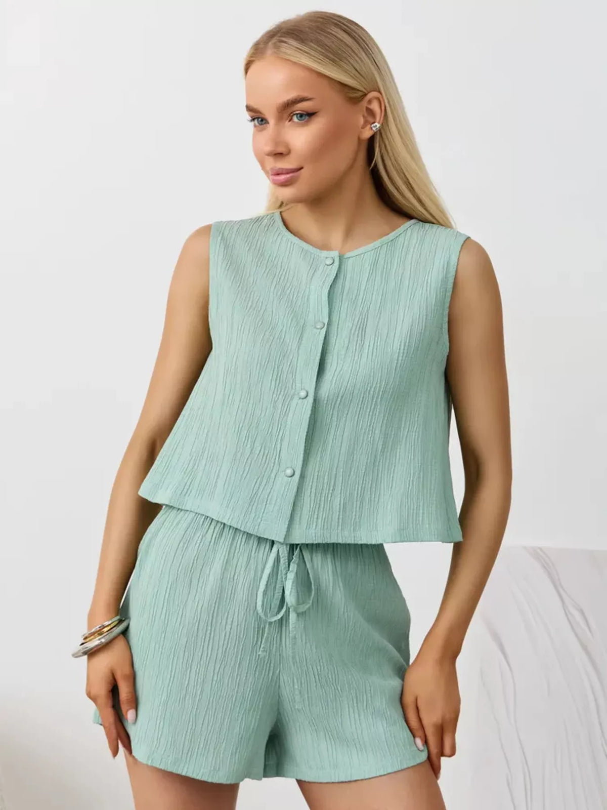 Textured Round Neck Tank and Shorts Set, view 24