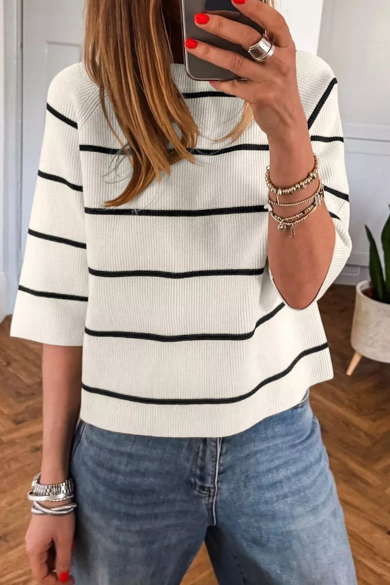 Striped ribbed knit pullover sweater front view