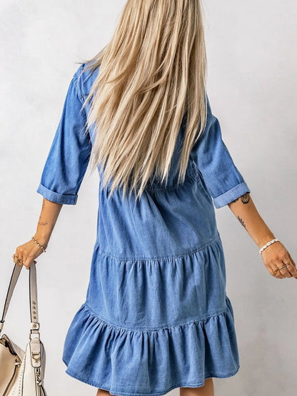Full Size Ruffled Hem Button Up Denim Midi Dress Plus Size - Fashorio