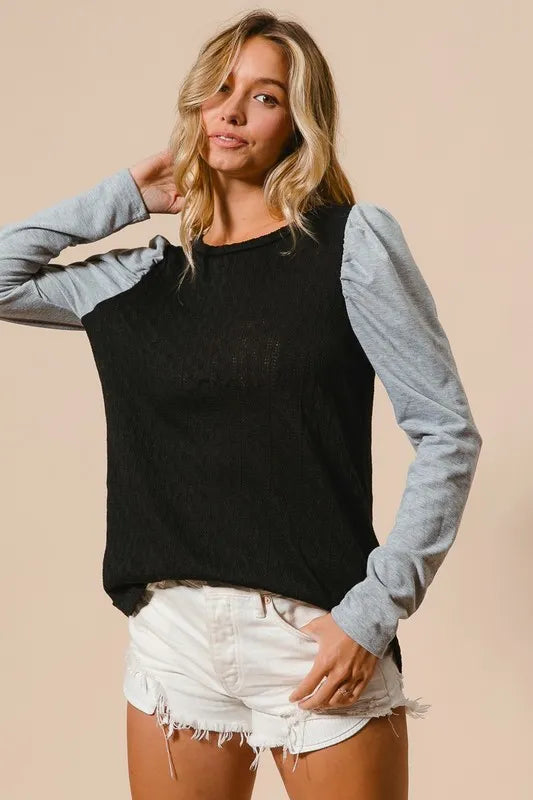 Cable Knit Top with Contrast Puff Sleeve in Black back view