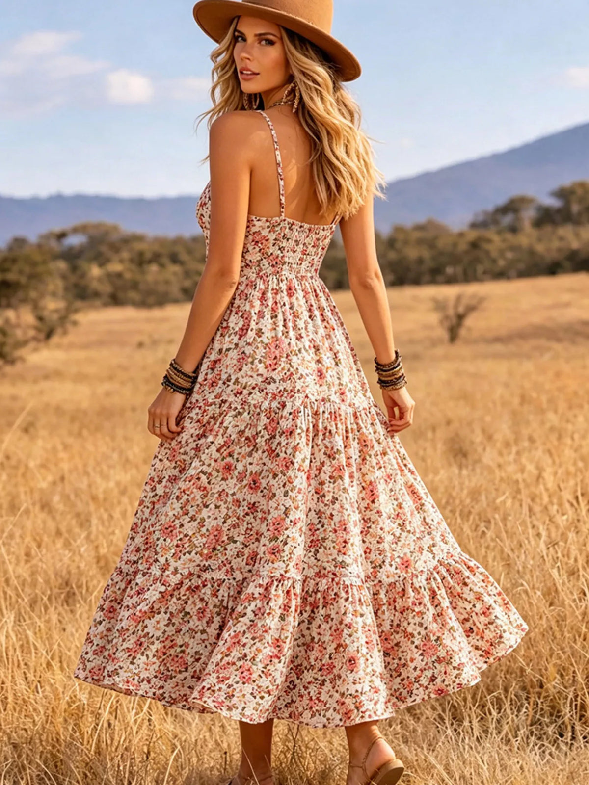 Pink floral print V neck tiered midi dress back view
