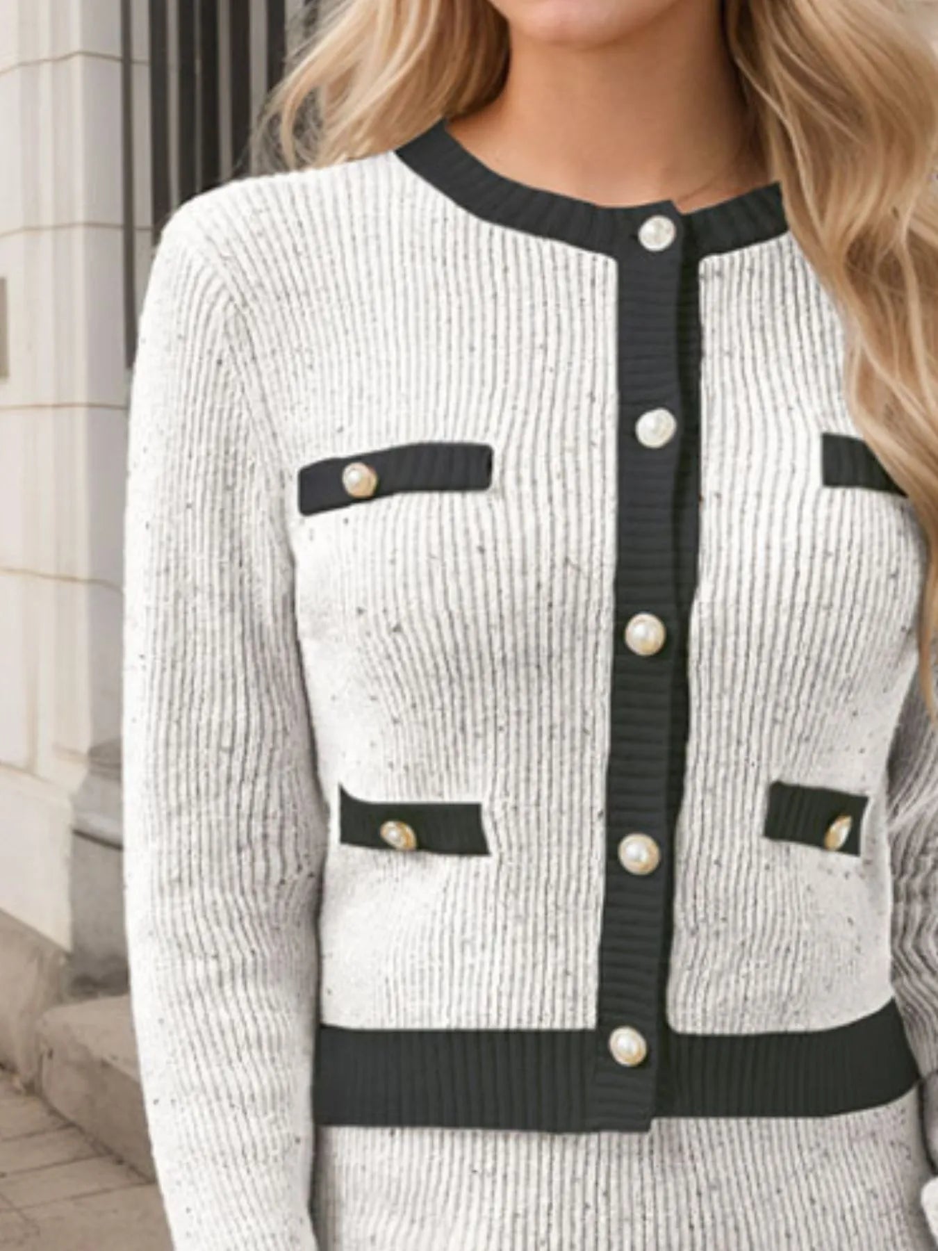 Contrast Trim Ribbed Top and Skirt Sweater Set - Fashorio
