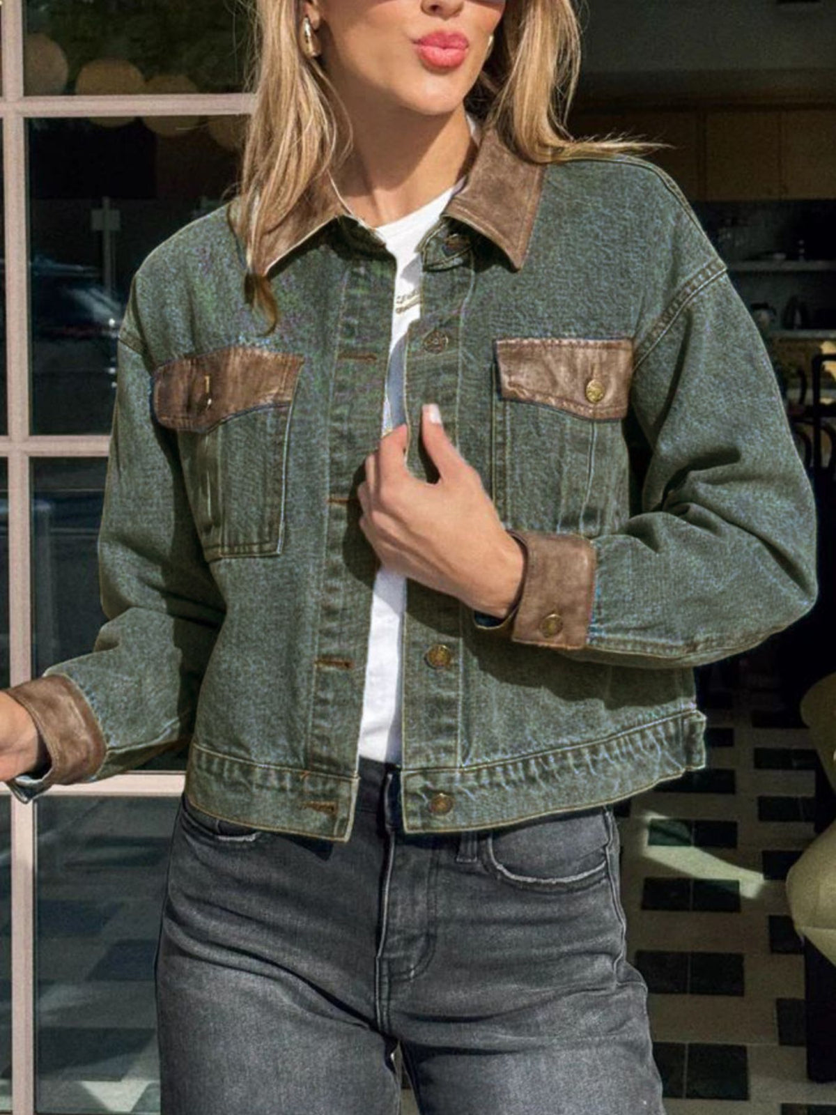 Chest Pocket Button Up Denim Jacket in Medium Wash side view