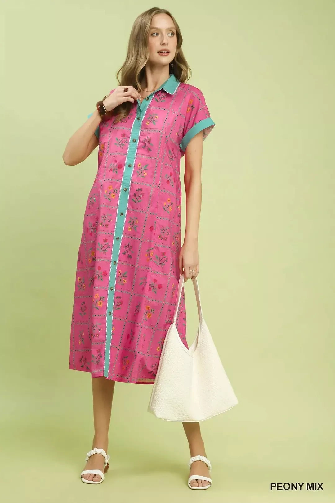 Floral Button Front Midi Dress in Peony close up