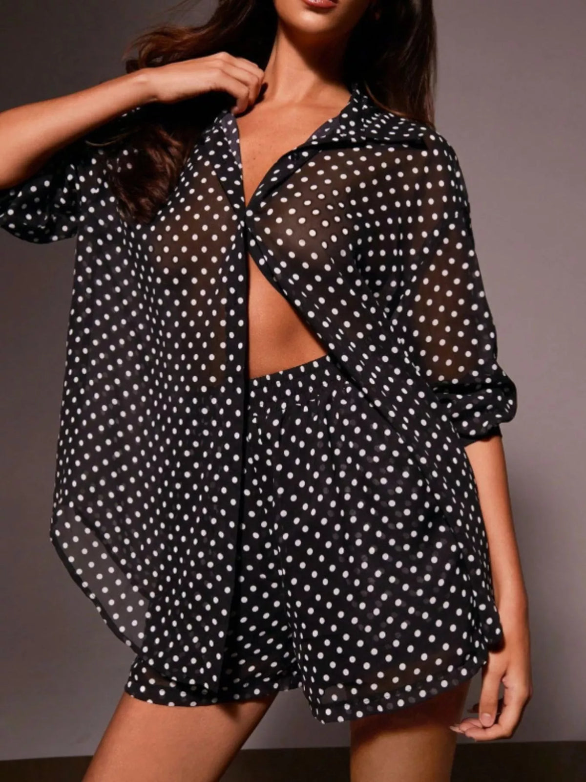 Polka dot button up shirt and shorts set front view
