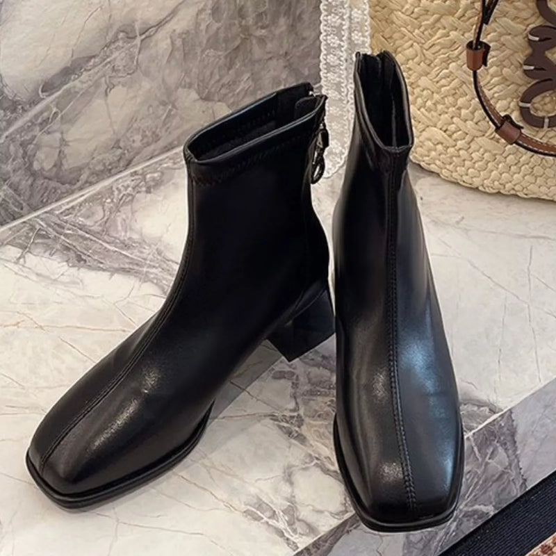 black square toe block heel boots front view