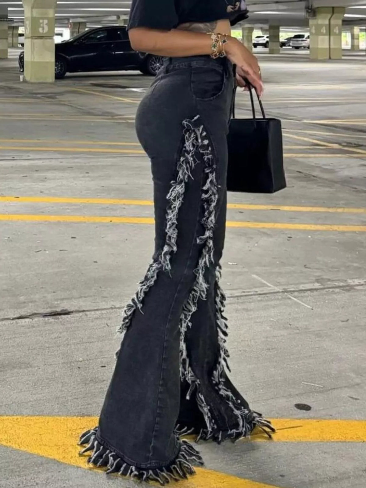 Side view of high waist flare denim
