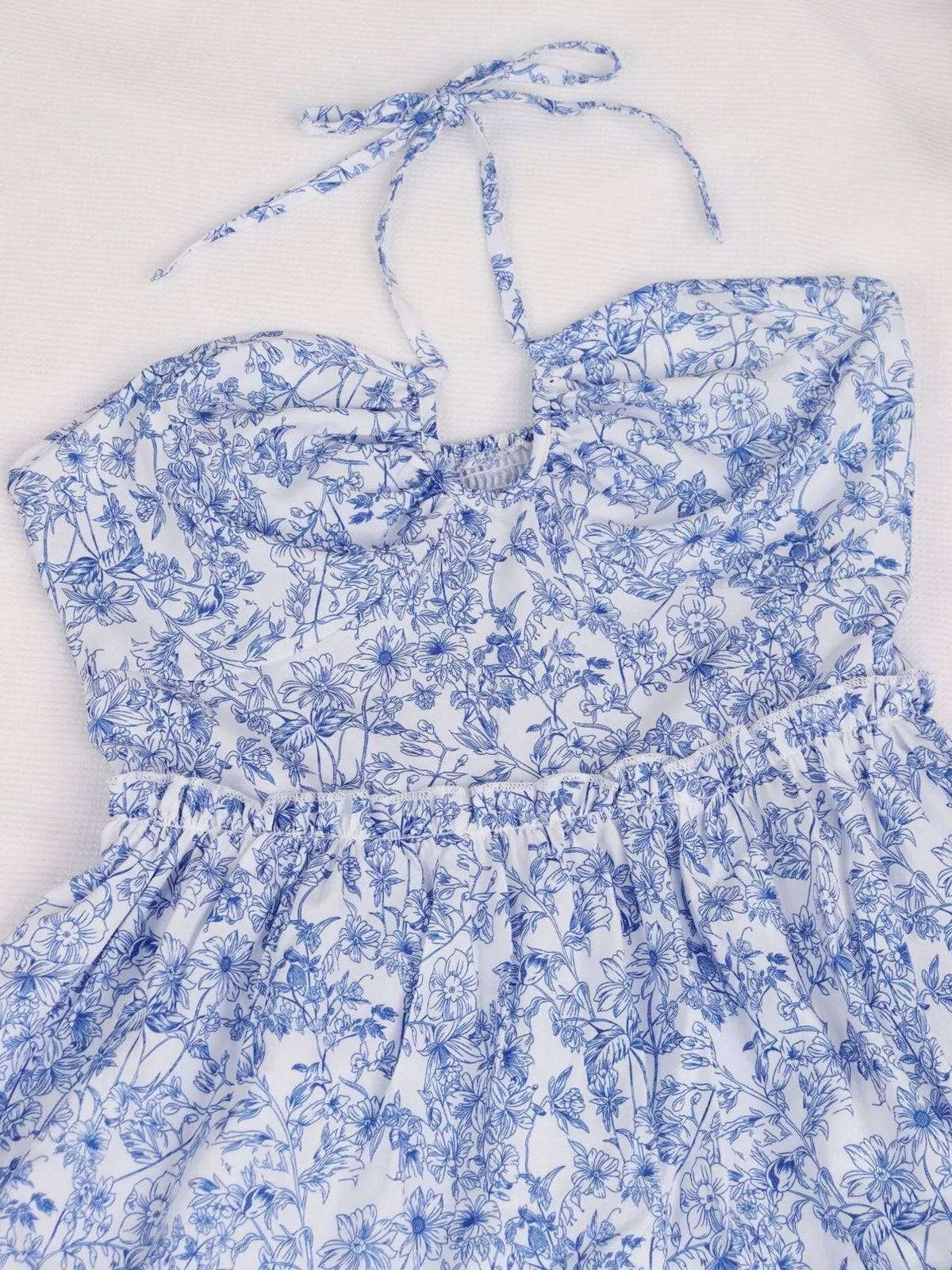Blue floral halter neck ruffle hem summer dress, styled look