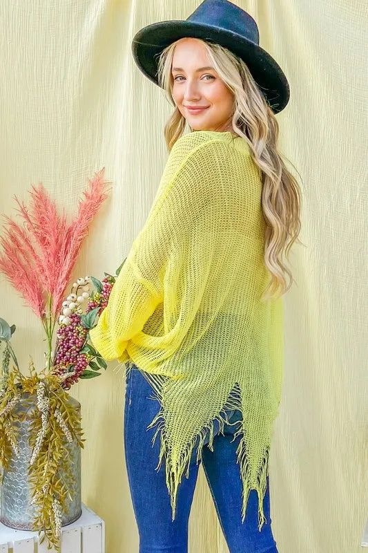 Distressed Mesh V Neck Sweater Cover Up in Yellow on model