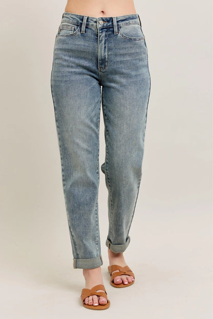 Judy Blue Full Size Hw Vintage Wash Double Roll Cuff Bf Jeans Plus Size - Fashorio