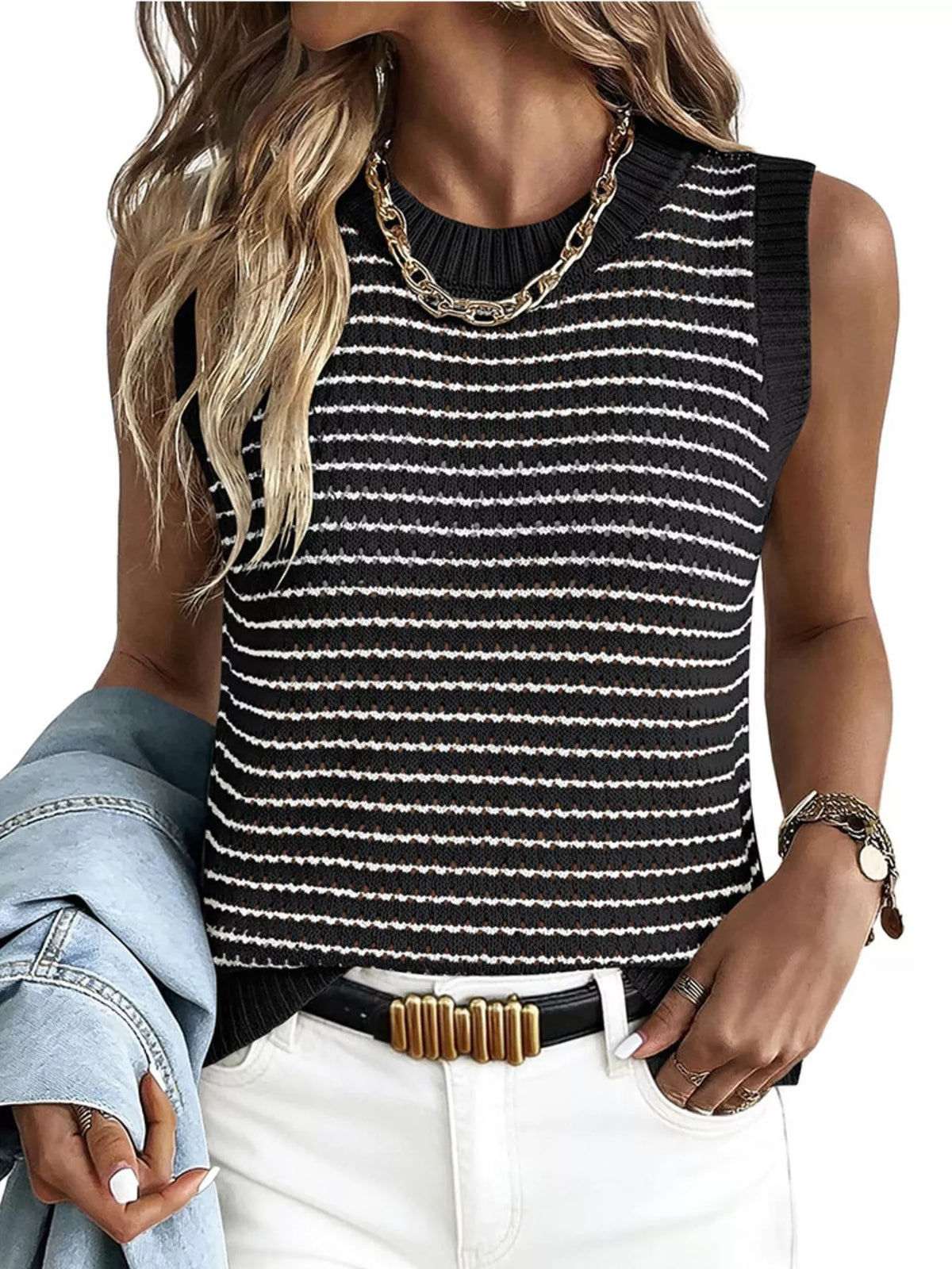 Ribbed Striped Knit Sweater Vest, view 12