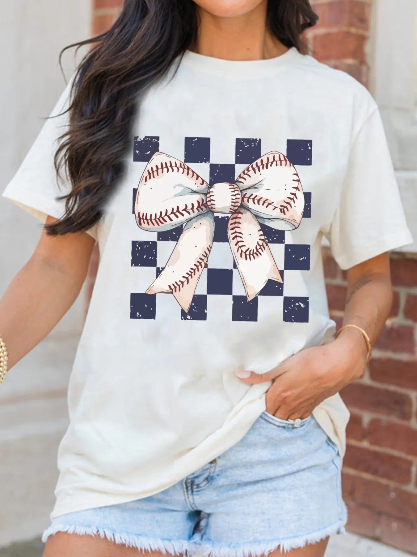 Checkered Bowknot Graphic Crew Neck T Shirt - Fashorio