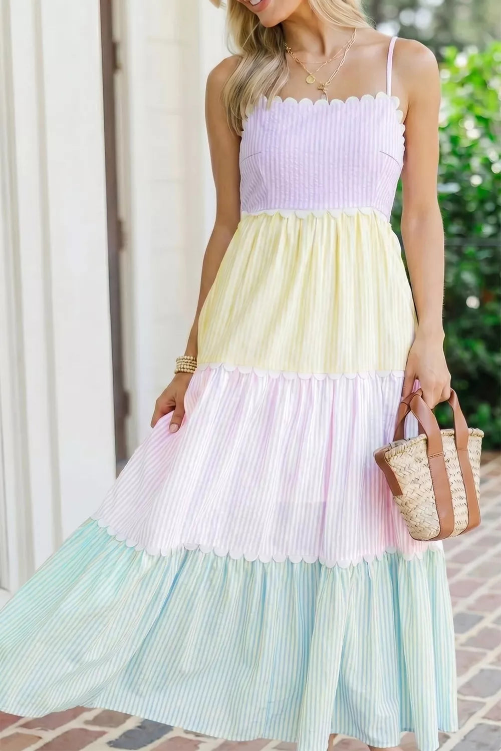 Striped colorblock scalloped maxi dress side view