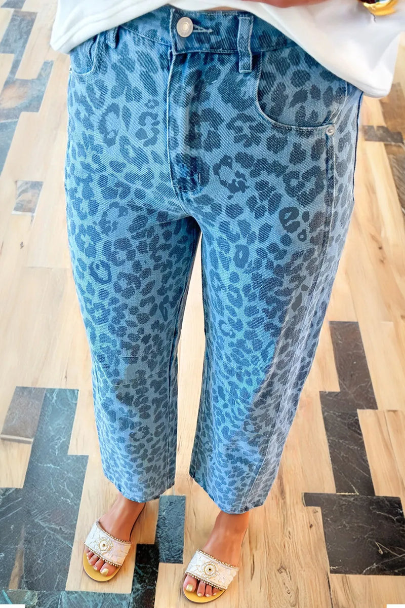 Leopard print high waist jeans front view