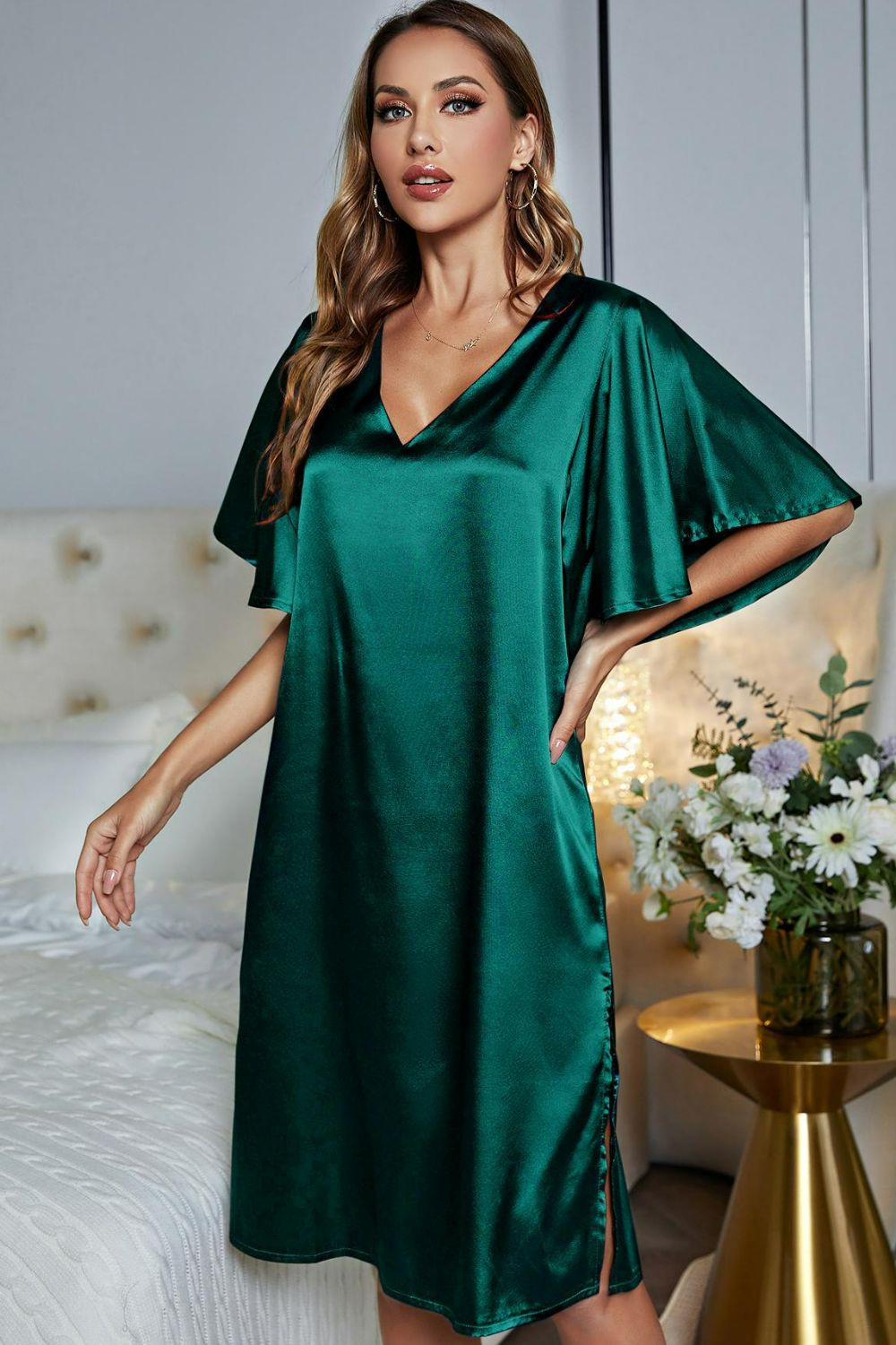 Satin Flutter Sleeve Side Slit V-Neck Night Dress Teal - Fashorio
